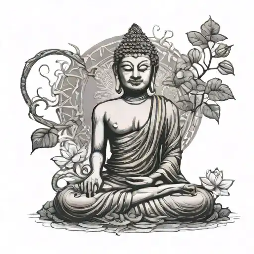 A Serene Buddha Meditating Under A Tree With Snakes And Lotus Flowers Intertwined Around Him