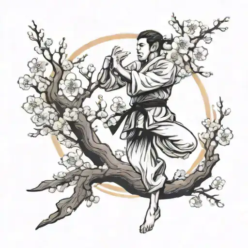 A Dotwork Design Of A Karate Practitioner Under A Blooming Sakura Tree With A Drake Flying Overhead