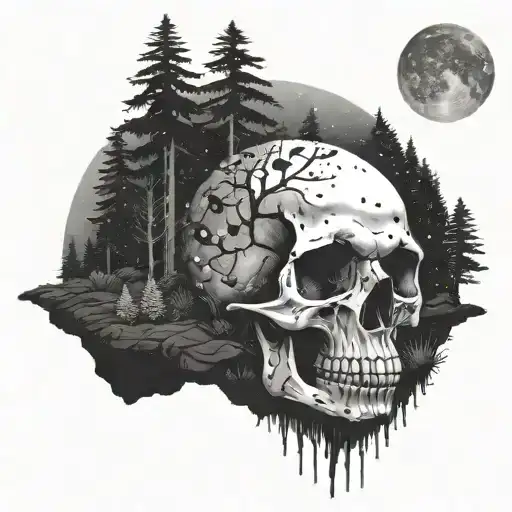 Skull Buried In Dirt In A Forest Looking Up At Night Sky