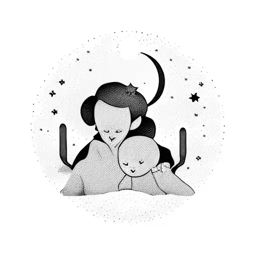 A Mother And Child Silhouette With A Heart-shaped Moon In The Background