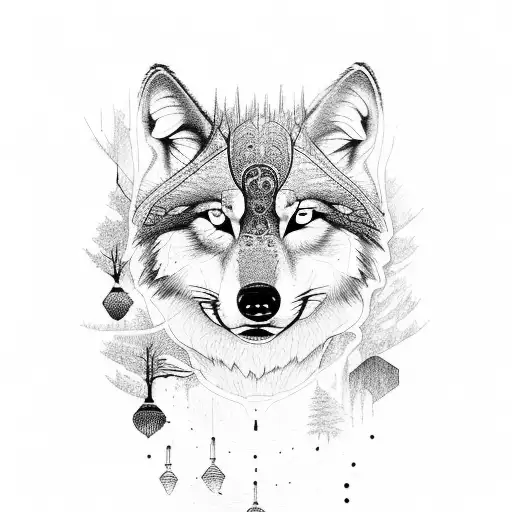 Forest With Sunset And Wolf