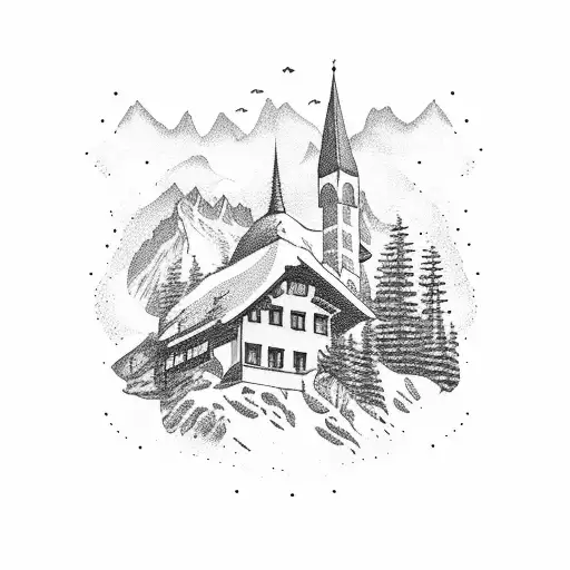 Dotwork Tattoo Of A Serene Swiss Mountain Village With Banknotes Floating In The Air
