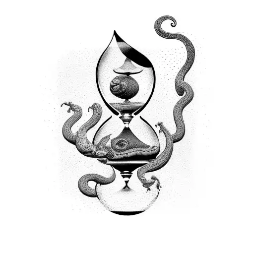 A Dotwork Tattoo Of An Hourglass Filled With Books And Surrounded By Swirling Snakes
