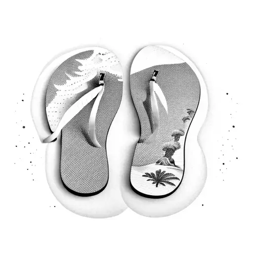 Beach Island With A Palm Tree And Two Pairs Of Flip Flops On The Beach