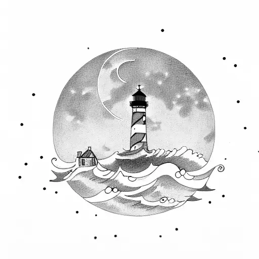 Wide Simple Landscape With The Moon And Waves And A Light House And A Straight Bottom Edge