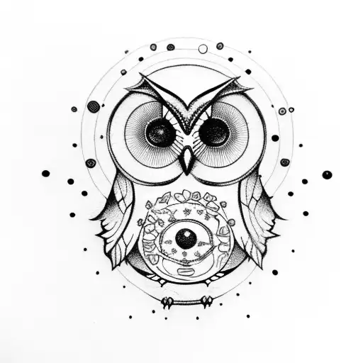 Realistic Owl With Planets And A Flowers