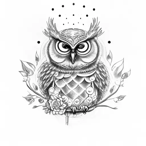 Realistic Angry Owl With Planets And Flowrs