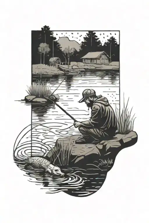 Guy Fishing In A Pond With His Dog Beside Home