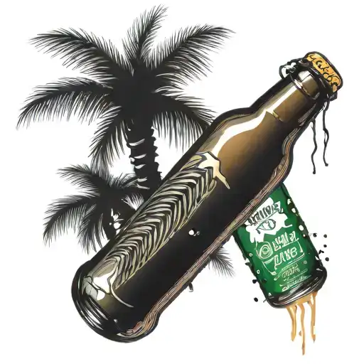 A Tropical Palm Tree With A Beer Bottle Hanging From One Of The Branches