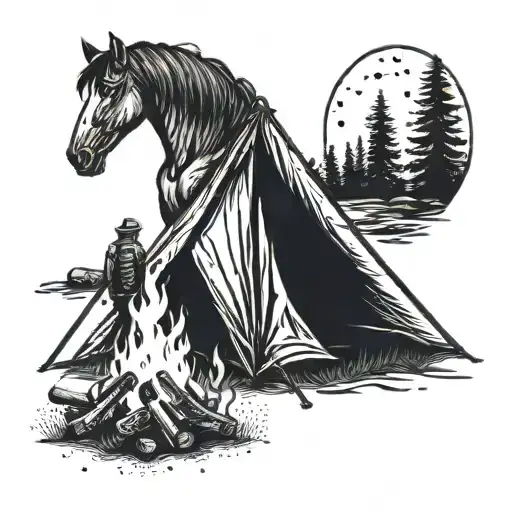 A Campfire Outside A Tent With A Horse In The Background