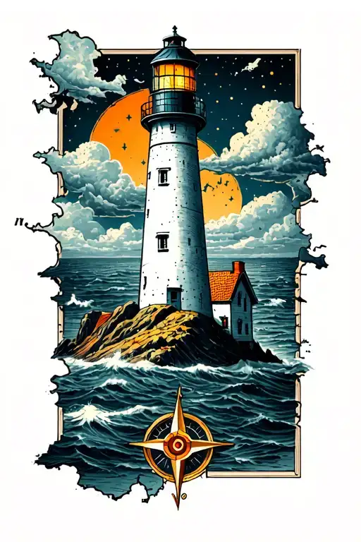 Lighthouse Coming Out Of A Map On The Bottom And A Coumpass Rose