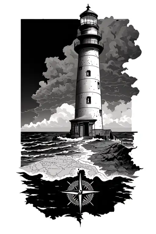 Lighthouse Coming Out Of A Map On The Bottom And A Compass Rose