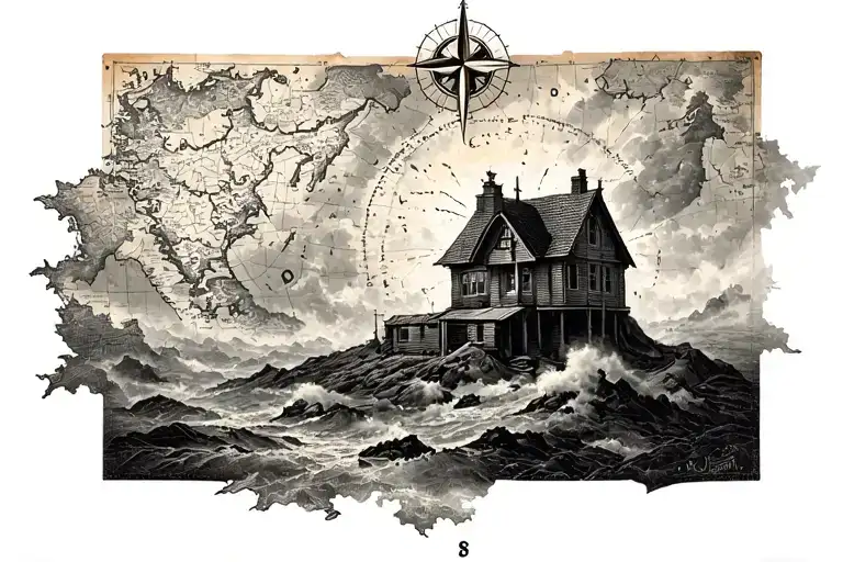 Paper Map With A Compass Rose Lightouhse Emerging From The Fog