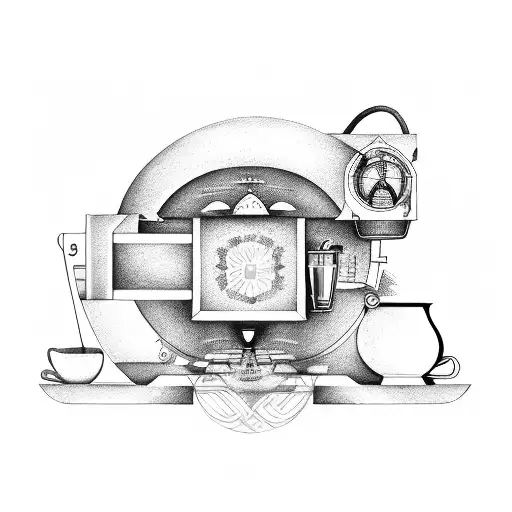 An Engineer's Blueprint Of A Coffee Machine With Musical Symbols Incorporated