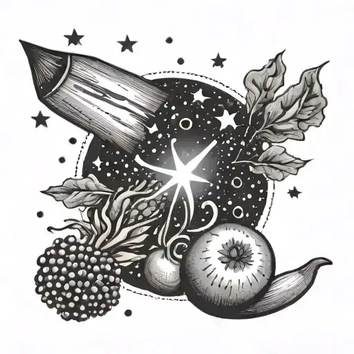 A Dotwork Tattoo Of A Shooting Star Made Up Of Various Food Items Like Fruits And Vegetables