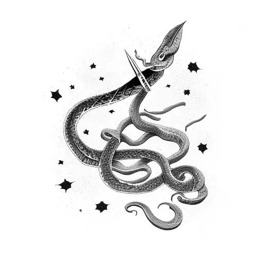 Snake On Sword With Moon And Stars