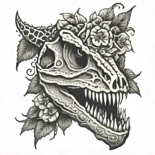 Velociraptor Skull Surrounded By Flowers And Thorns