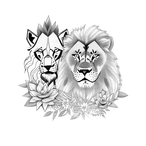 Lion And Wolf Merged In A Jungle With Flowers In The Background And Spears With Arrows