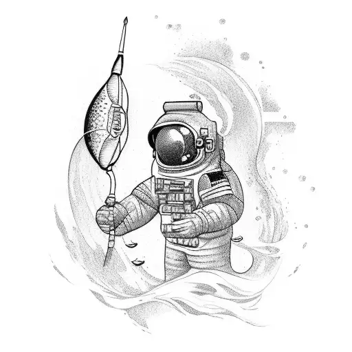 Tattoo Design With Astronaut Holding Fishing Rod And Car Key Deep In Water
