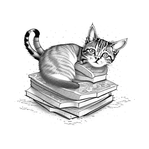 A Cat Curled Up On A Pile Of Books With Floral Patterns