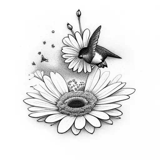 Hummingbird Holding A Daisy In Its Peak With A Eclipse Behind