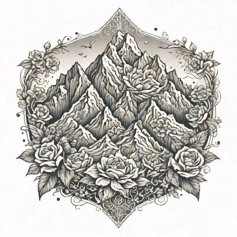 A Majestic Mountain Range With Intricate Floral Patterns Intertwined Within The Peaks
