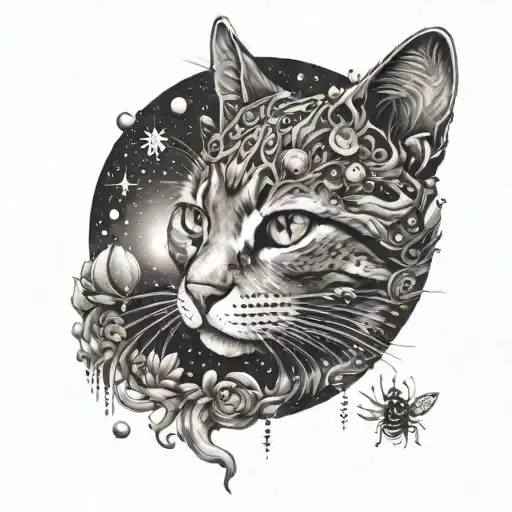 A Cat Surrounded By A Celestial Scene With Bugs And Crystals