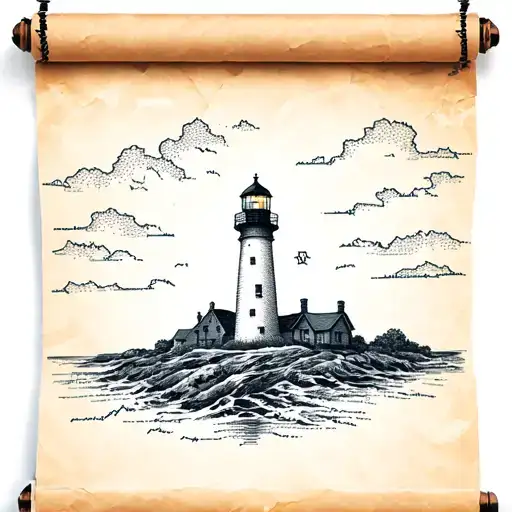 Scrolled Up Paper Map With A Lighthouse Emerging