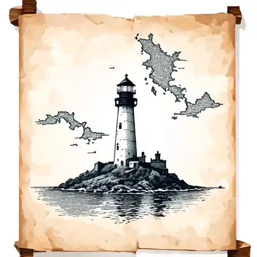 Scrolled Up Paper Map With A Lighthouse Emerging