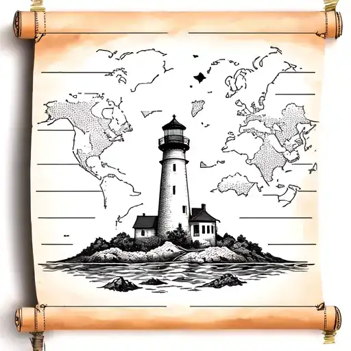 Scrolled Up Paper Map With Latitude Lines And A Lighthouse Emerging From Clouds