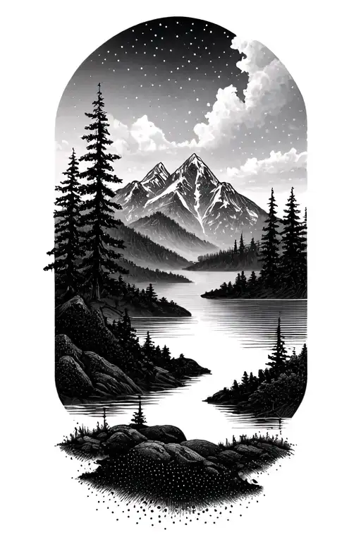 A Dotwork Tattoo Of A Serene Mountain Landscape With A Subtle Yoga Motif