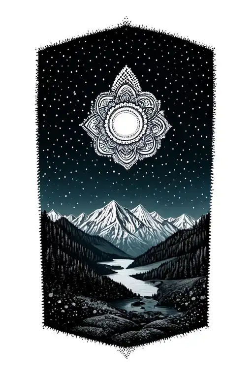 Dot Work With Mountain Scenery And Night Sky And Mandala