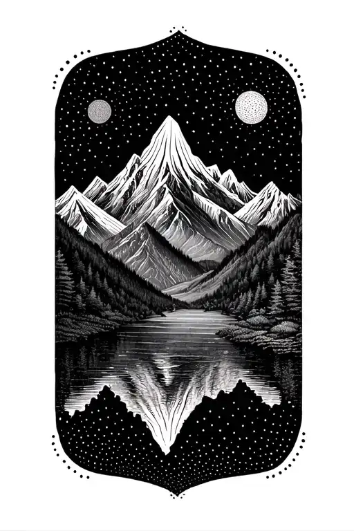 Dot Work With Mountain Scenery And Night Sky And Mandala