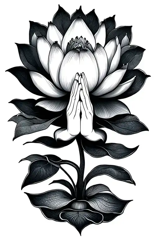 A Stylized Lotus Flower Incorporating Prayer Hands And Meditation