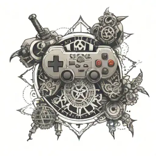 An Intricate Mandala Design Incorporating Elements Of Video Game Controllers And Military Insignia
