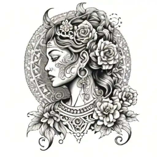 A Powerful Goddess Figure With Intricate Floral Patterns And Symbols Of Femininity