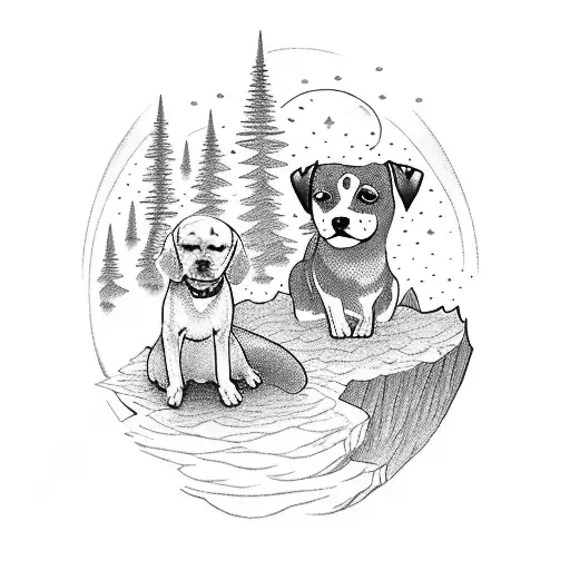 A Girl And A Dog Sitting On The Edge Of A Mountain Above A Lake At Night