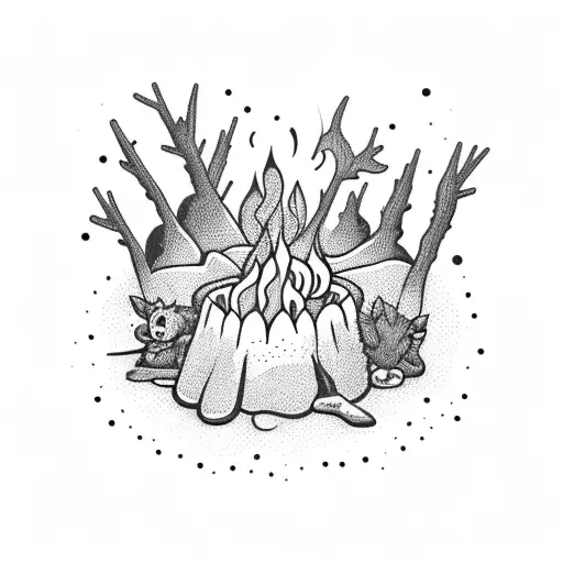 A Dotwork Design Of A Family Roasting Marshmallows Around A Campfire Near The Ocean