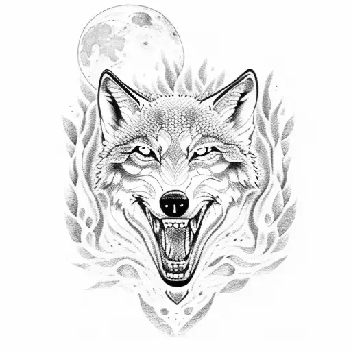 A Dotwork Tattoo Of A Wolf Howling At The Moon In A Forest
