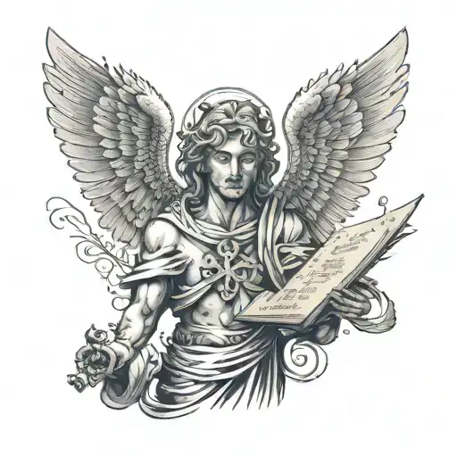A Financial Angel Holding A Cross And Ancient Scrolls