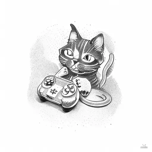 A Dotwork Tattoo Of A Cat Playing A Video Game On A Console