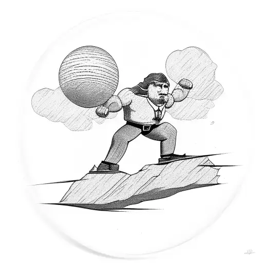 Strong Man Pulling Up Small Man Balancing On A Bar On A Globe