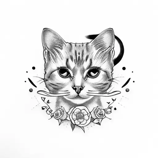 Tuxedo Cat Face With Flowers And A Guitar