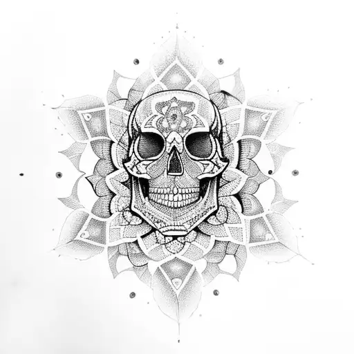 A Mandala Made Up Of Intricate Dahlia Petals And Geometric Shapes With Skull