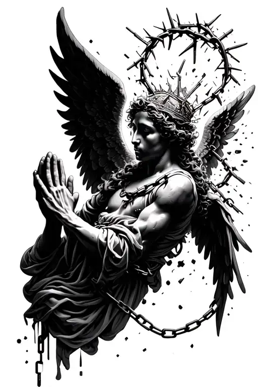 Angel Praying With Chains Breaking And Bursting Open And With A Crown Of Thorns