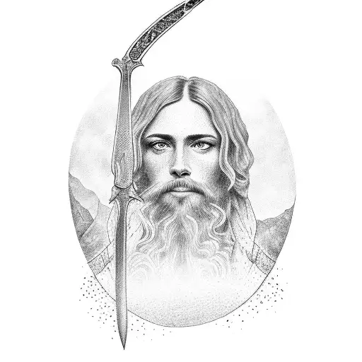 A Dotwork Portrait Of A Famous Historical Figure Holding A Sword And A Cross
