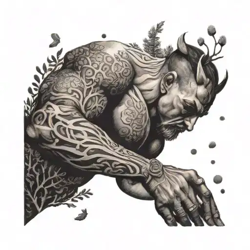 A Dotwork Tattoo Of A Bodybuilder Meditating In A Serene Forest Surrounded By Ancient Warriors