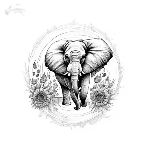 Cartoonish Elephant And Sunflowers