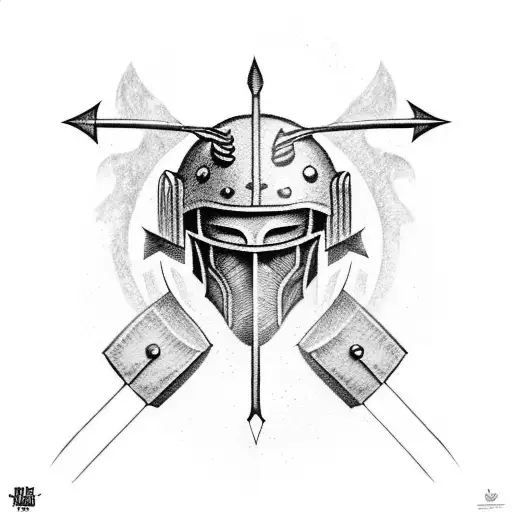 Tattoo Of A Hoplite Helmet With An Archer's Arrow