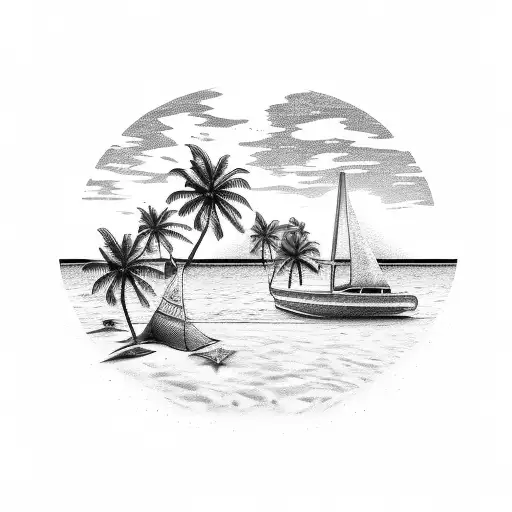 An Old School Beach Scene With Palm Trees And A Sailboat